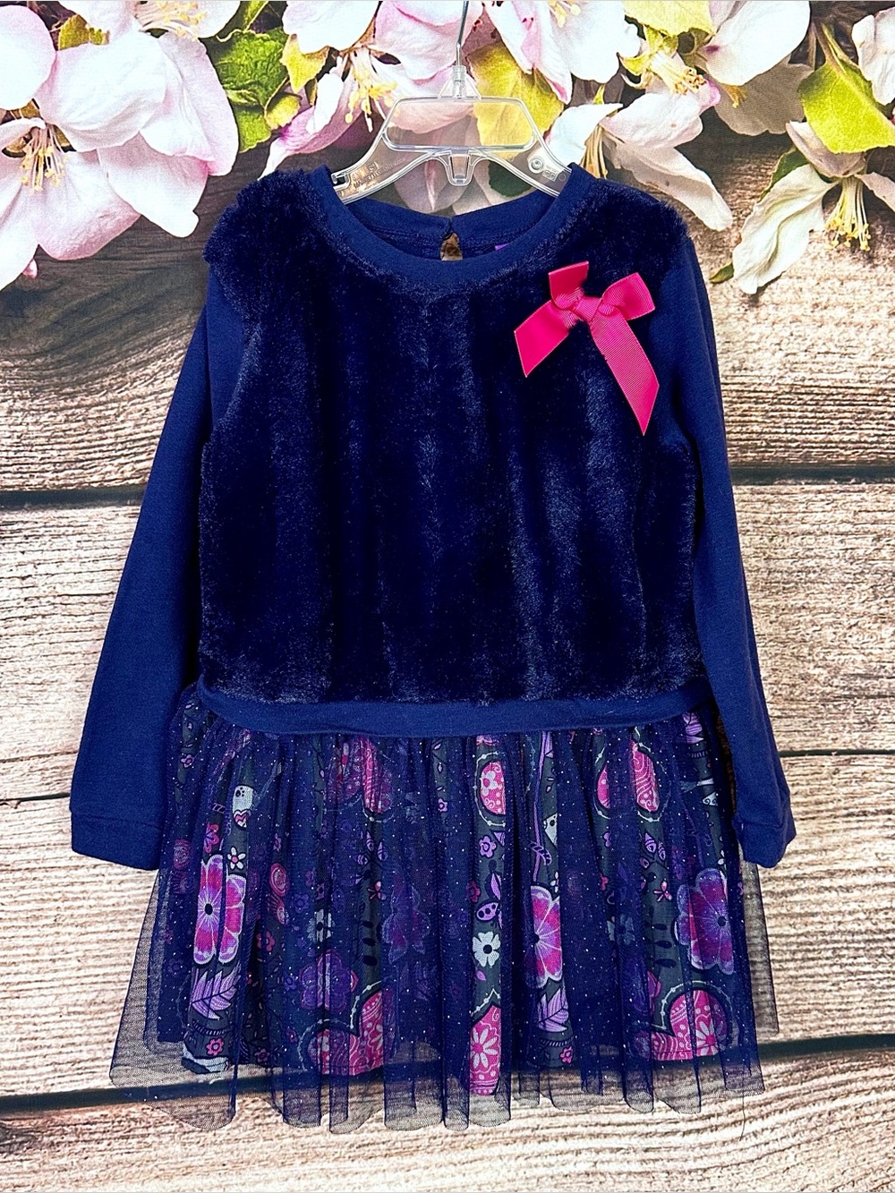 Dollie & Me Toddler Girls Purple Blue Floral Bow Front Flared Hem Sweater Dress